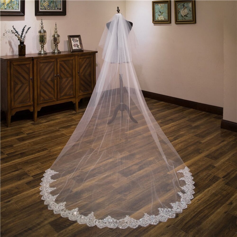 Cathedral-length Wedding Veil With Lace Appliqué